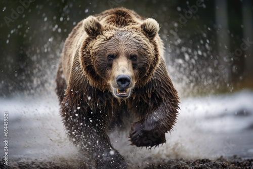 ours brun en train de charger de face dans une rivière