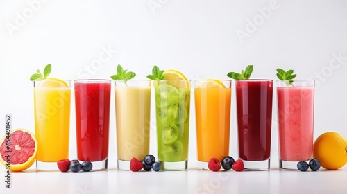 Fresh Fruits juices with fruits. Glasses of Fruits juice with Fruits and mint on white table. Minimalism. AI generated.