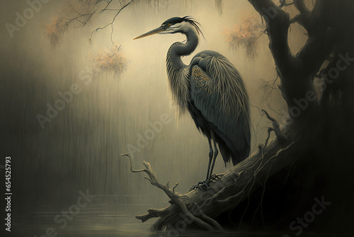 heron in the water in the style of Chinese painting