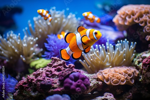 clownfish and blue malawi cichlids swimming near coral