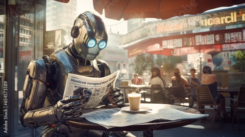 Photograph of a robot reading the newspaper at a cafe