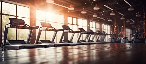 Gym and fitness room interior with abstract blur background