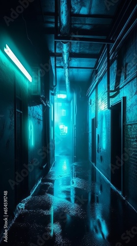 An empty alley in a cyberpunk city with neon lights. Generative AI. 