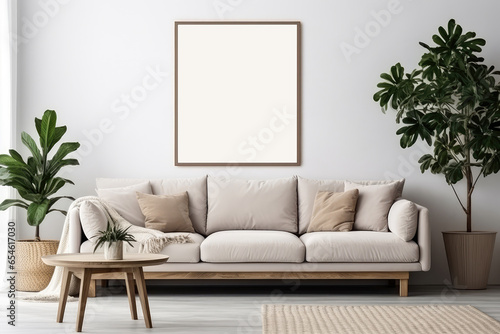 Mockup frame on wall and plants in pot and sofa in living room at home, mock up poster for presentation, your design for gallery photo and picture, border template and decoration for advertising.
