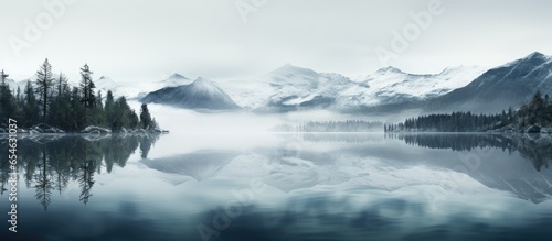 Mysterious fog over a serene mountain lake with reflection of pointy fir tree tops