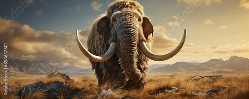 A Woolly Mammoth with Vast Pastures and Mountains Background