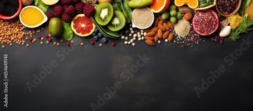 Healthy food concept promoting immunity with various plant based ingredients high in vitamins minerals antioxidants and fiber arranged on a slate surface
