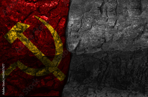 communist flag with natural stone texture with black and white negative space, cracked stone texture