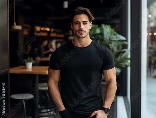Young handsome man in black sportswear standing on the street.