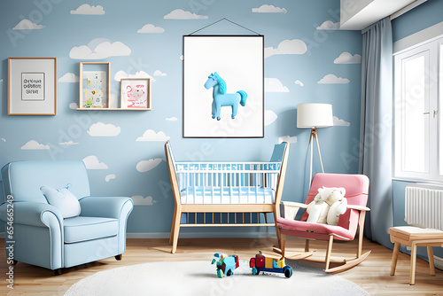 Cover the child's room with a vertically framed poster, crib, armchair and toy horse. There are large windows and light blue cloud wallpaper. 3d rendering.