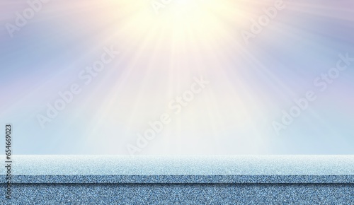 Blue granite empty tamble on light blue empty sky background with sunshine from top. 3d illustration.