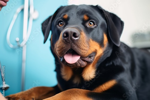 Close up of a beautiful rottweiler dog at the veterinarian. Sick cute pet sitting at the examination table at the animal clinic, Generative AI 