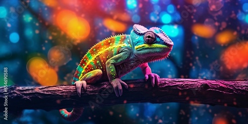 Colorful Chameleon Perched on a Tree Branch with Vibrant Neon Light Effect. Digital Art