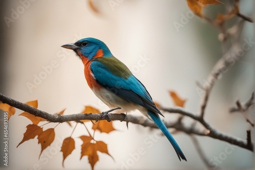 robin on a branch, red headed woodpecker, blue and yellow macaw, red backed shrike