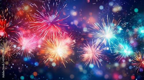 Colorful firework with bokeh background. New Year celebration, Abstract holiday background