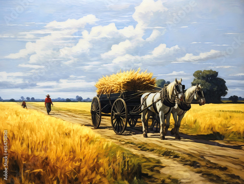 Harvesting Grains with Horse-Pulled Wagon