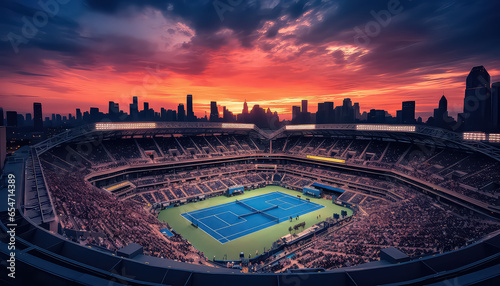 stadium full of fans at sunset at a tennis match
