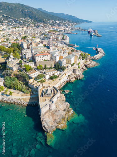 Aerial view of Bastia, its CItadele and its harbour, Corse island, France