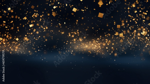 Abstract background with gold stars, particles and sparkling on navy blue. Christmas Golden light shine particles bokeh on navy blue background. 2024 New year background. Gold foil texture