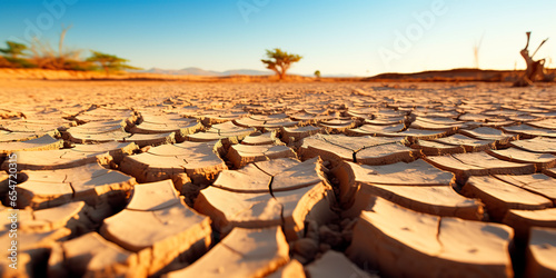 Dried land in the desert. Cracked soil crust. climate change