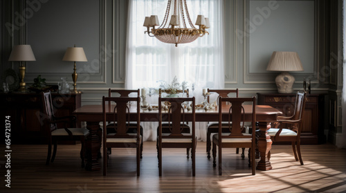 A classic dining room with a mahogany table, a chandelier, and tufted dining chairs