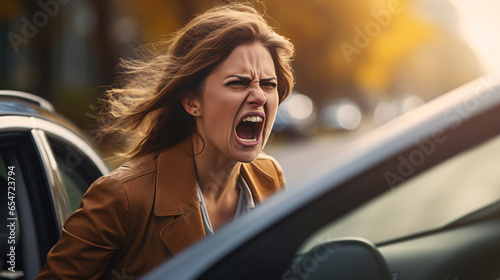 Aggressive woman shouting to a car driver - Angry woman yelling in a traffic to another taxi - rode rage concept
