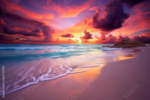 Stunning sunset. Vibrant sunset descending on the horizon, colorful sea, small waves gently touching the sands, amazing clouds on sky, Generative AI 