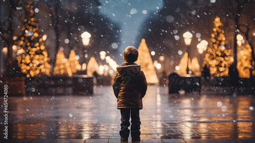A father and child in the city square at night with a lit up Christmas tree in the background, winter season, happy holidays
