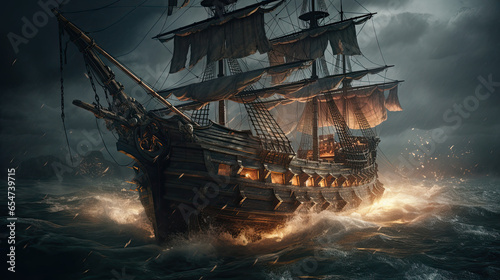 A Pirate Ship Battles Amidst the Stormy Seas