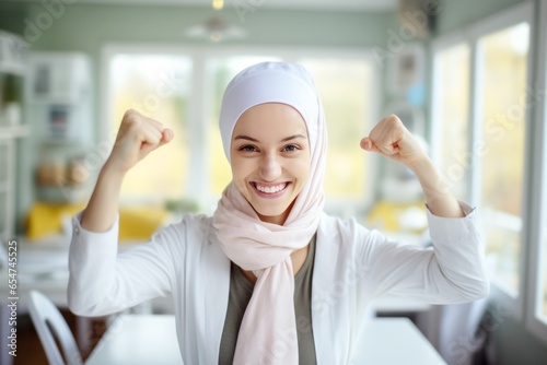 woman fighting cancer, wears a white scarf, and clenches her arms as a survivor fighter