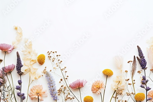 Text space available for beautiful fresh and dry flowers on a white background in a flat lay