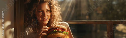 Hübsche Frau hält super großen Hamburger und lacht in der Hand Poster, ai generativ