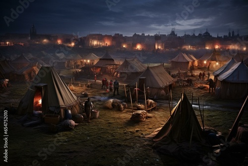 War camp with tents, fortifications, castle encampment for battle preparation in medieval times. Generative AI