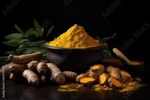 Turmeric powder mortar pestle roots and barks on black background