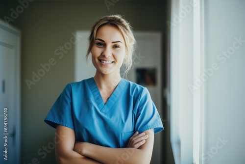 Smiling portrait of a happy female caucasian nurse working in an office