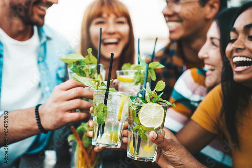 Multiracial friends enjoying happy hour toasting fresh mojito cocktails at open bar - Happy group of young people celebrating summer party together - Life style food and beverage concept