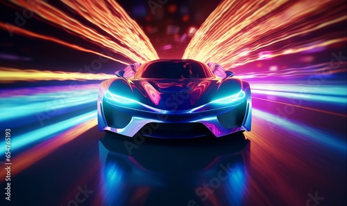 Sports Car On Neon Highway. Powerful acceleration of a supercar with colorful lights and trails, Generative AI 