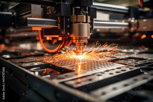 A powerful industrial laser cutter in action, close-up slicing through thick metal with precision and sparks flying
