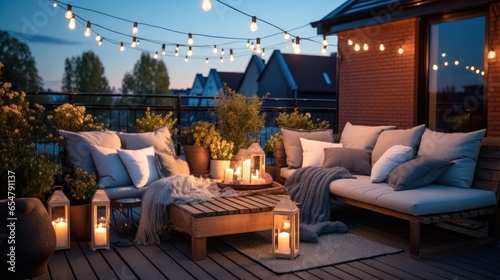 Cozy outdoor terrace of a beautiful house with string lights.