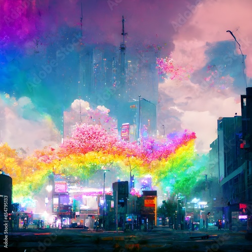 glitchpunk rainbow flowers glowing photo realistic city space high detailcinematicsuper detailed 