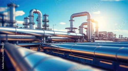 Pipeline at Industrial zone, Steel long pipes in Petrochemical oil refinery.