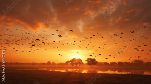 Birds migrating across an orange-hued sky