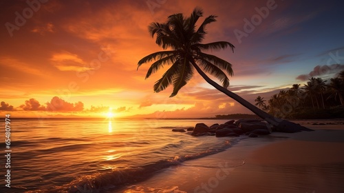 Silhouette of a palm tree against a dramatic sunset