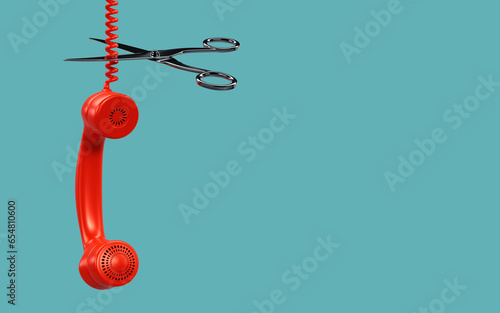 3D rendering of scissor cut-off telephone cord on color background, communication error, system error, Internet disconnect concept