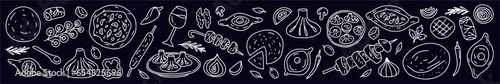 Vector horizontal collection of traditional Georgian cuisine: shish kebab, khinkali, khachapuri, wine, tortillas. The illustration is hand-drawn in the style of a doodle.