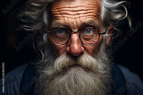 Close up photography of old wise sad man wear eyeglasses generative ai modern technology