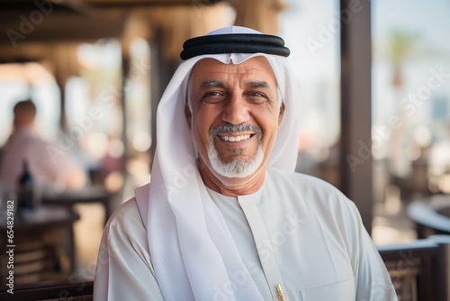portrait of senior old arab man in dubai wearing white arabic clothes