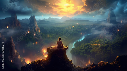Person meditating in a magical environment with a view over majestic valley and mountains. Beautiful Earth in golden light.