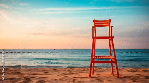 Empty Lifeguard Chair on Sandy Coastal Beach of Sahl Hasheesh Bay at Sunset in Hurghada, Egypt
