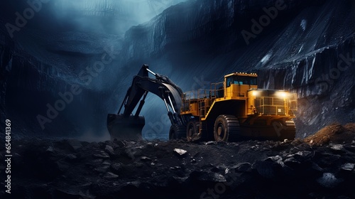 Vertical photo of an industrial coal factory collage with machinery working on an open pit mine